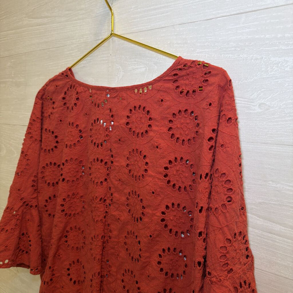 Burnt Orange Eyelet Long Sleeve Top Large