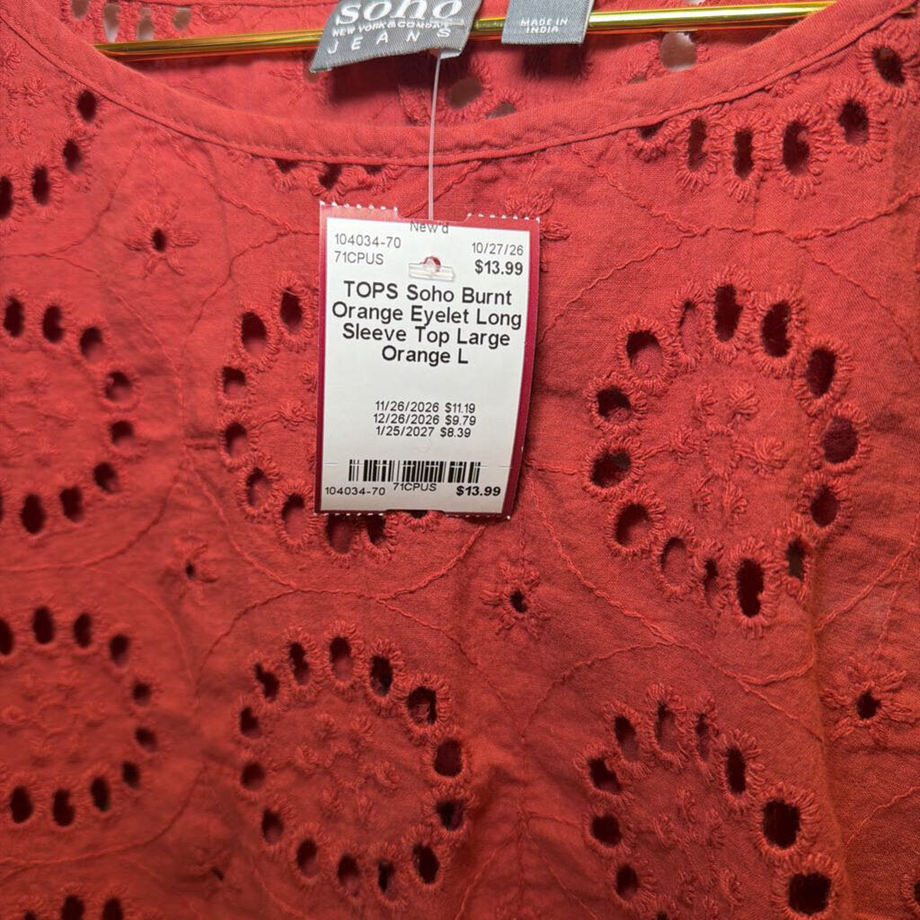 Burnt Orange Eyelet Long Sleeve Top Large