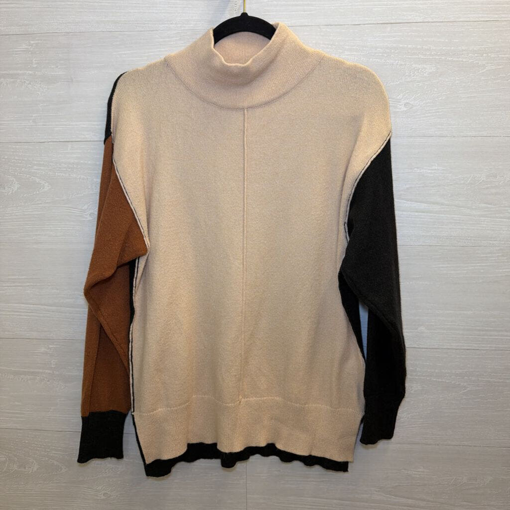 LUSH Beige/ Black Color Block Mock Neck Sweater Small