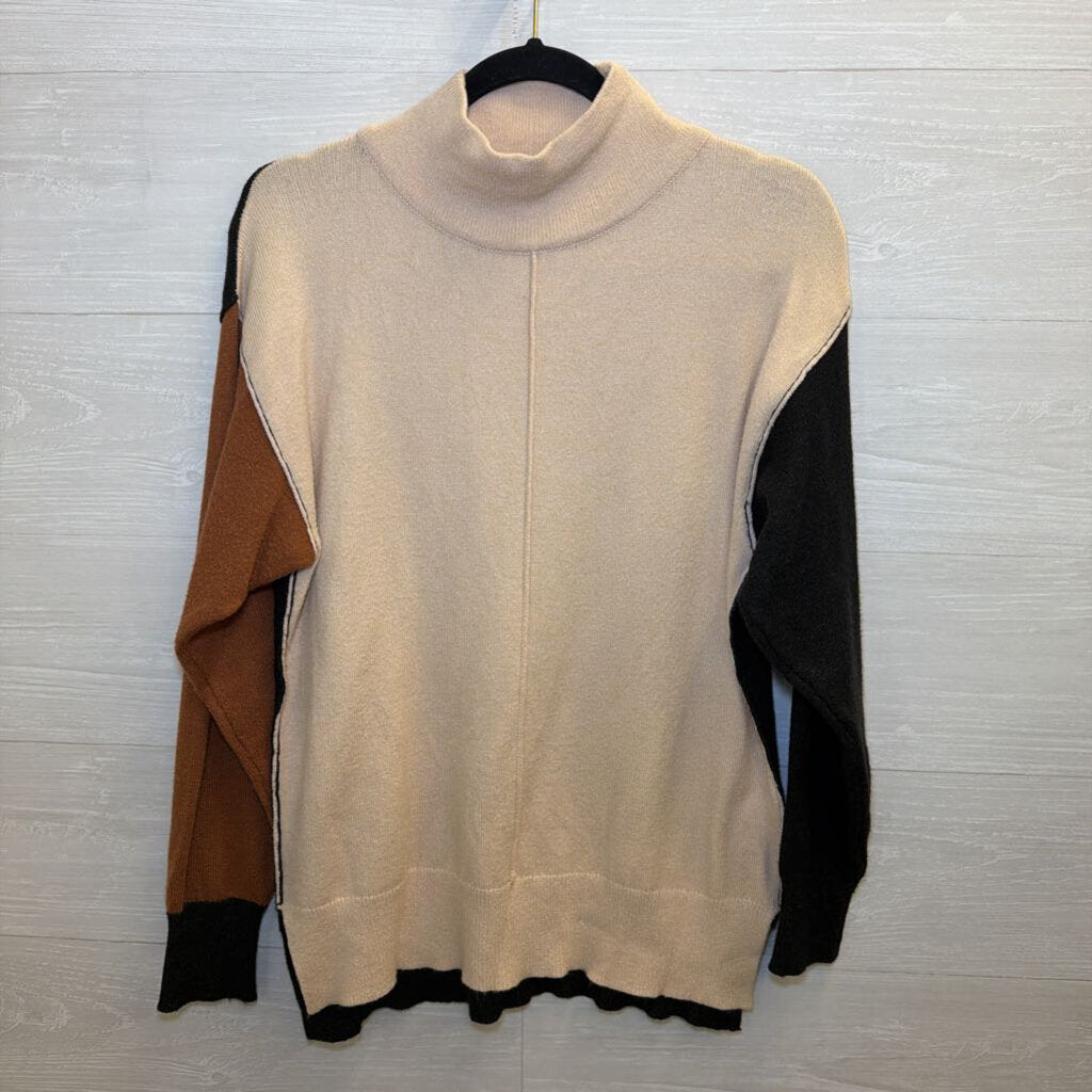 LUSH Beige/ Black Color Block Mock Neck Sweater Small