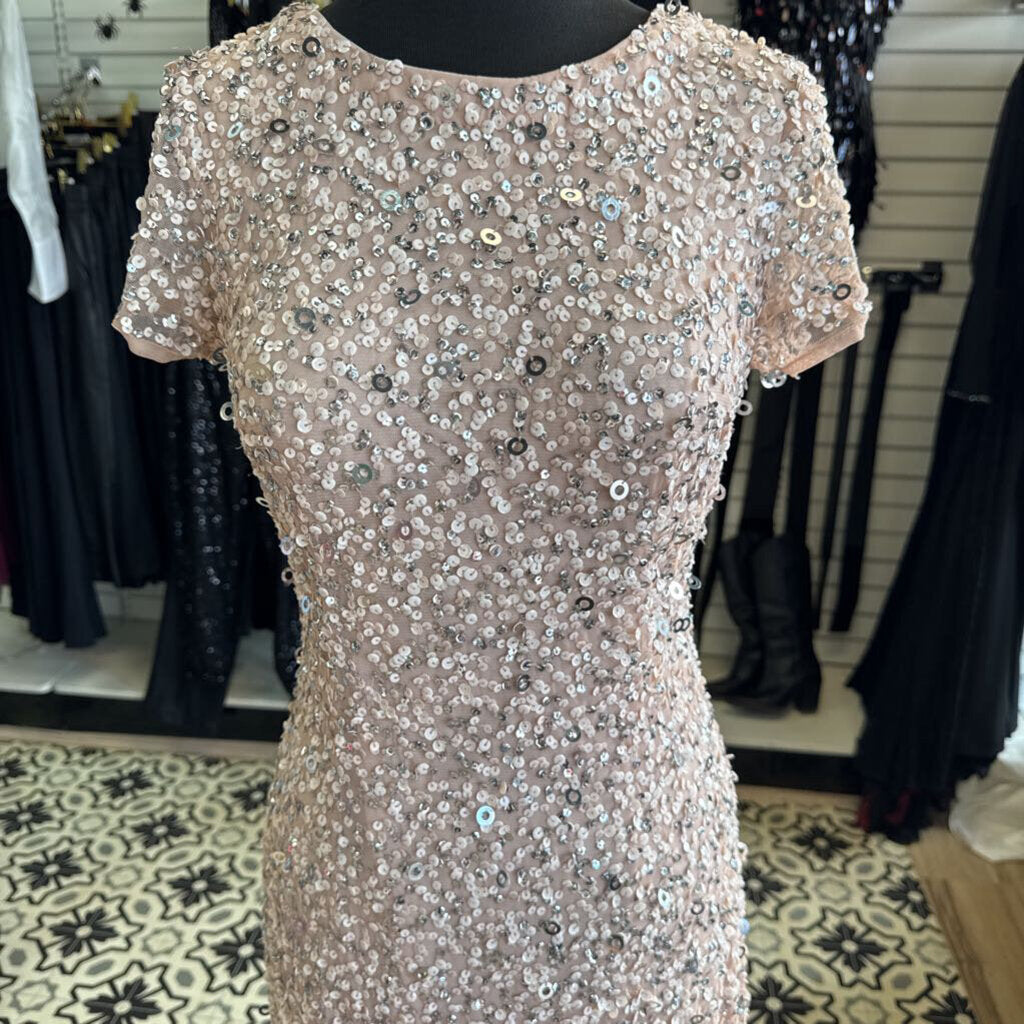 Adrianna Papell Pink Sequin Short Sleeve Long Formal Dress 4