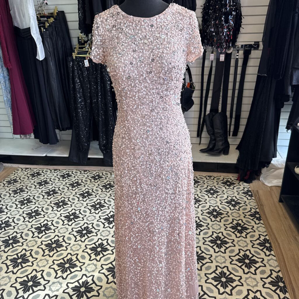 Adrianna Papell Pink Sequin Short Sleeve Long Formal Dress 4