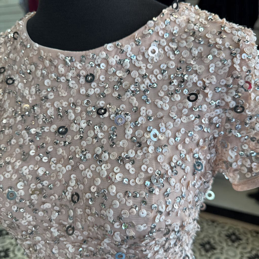 Adrianna Papell Pink Sequin Short Sleeve Long Formal Dress 4