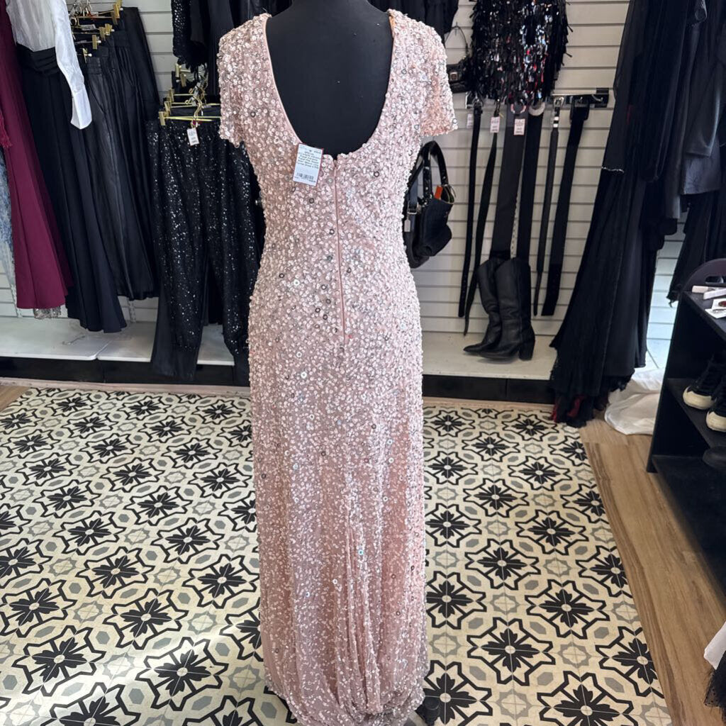 Adrianna Papell Pink Sequin Short Sleeve Long Formal Dress 4