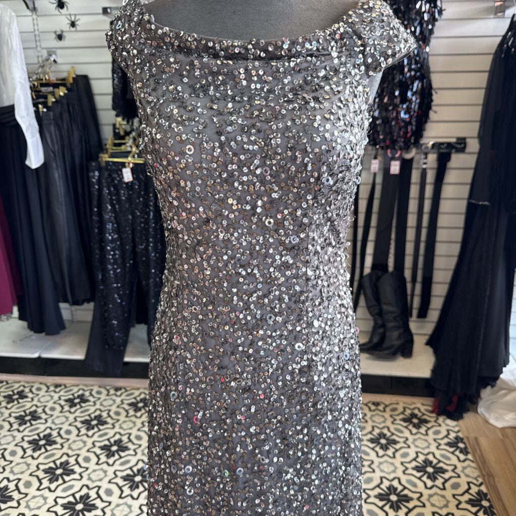 Adrianna Papell Grey Sequin Off Shoulder Long Formal Dress 2