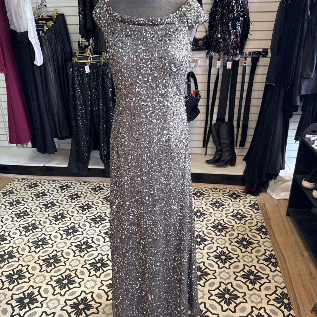 Adrianna Papell Grey Sequin Off Shoulder Long Formal Dress 2