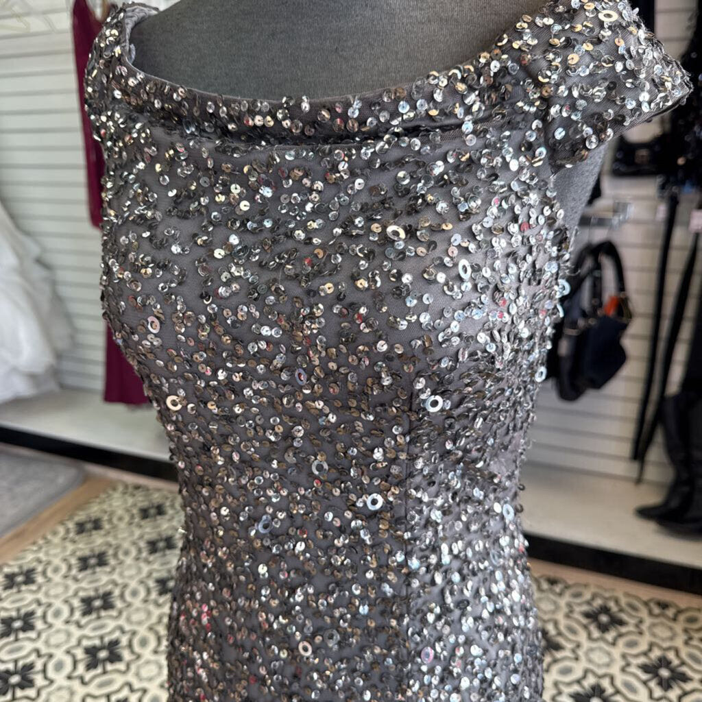Adrianna Papell Grey Sequin Off Shoulder Long Formal Dress 2