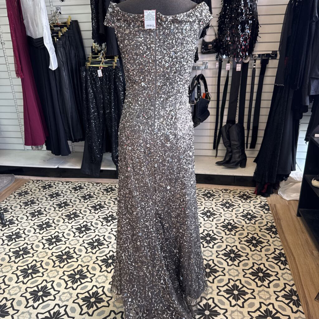 Adrianna Papell Grey Sequin Off Shoulder Long Formal Dress 2