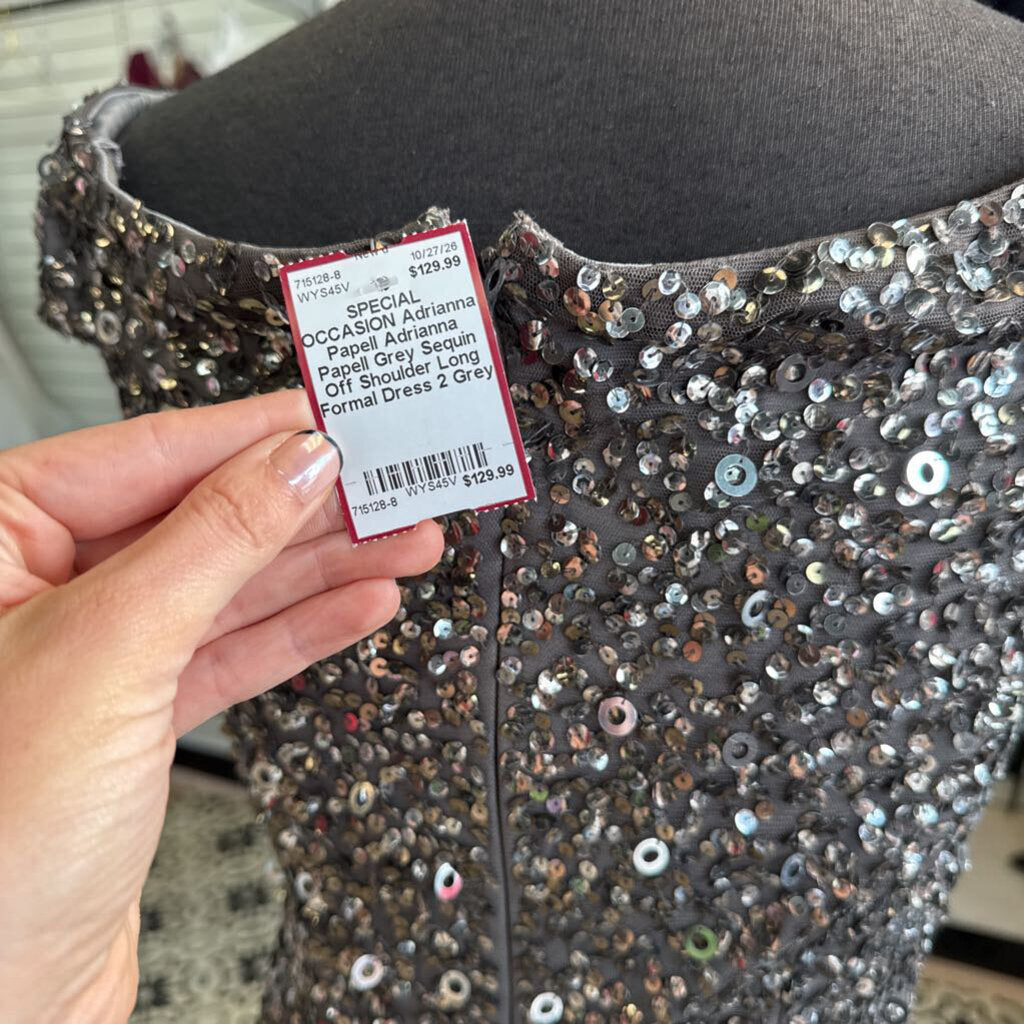 Adrianna Papell Grey Sequin Off Shoulder Long Formal Dress 2