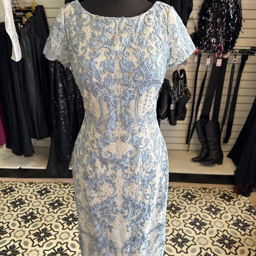 Azazie Beige/ Blue Layered Lace Short Sleeve Long Formal Dress 4