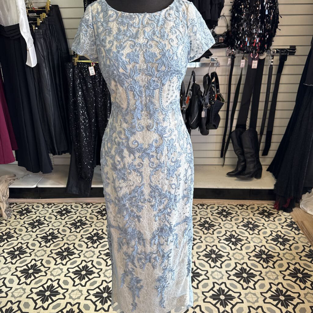 Azazie Beige/ Blue Layered Lace Short Sleeve Long Formal Dress 4