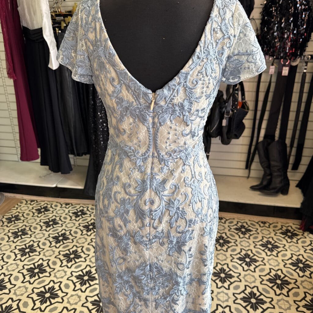 Azazie Beige/ Blue Layered Lace Short Sleeve Long Formal Dress 4