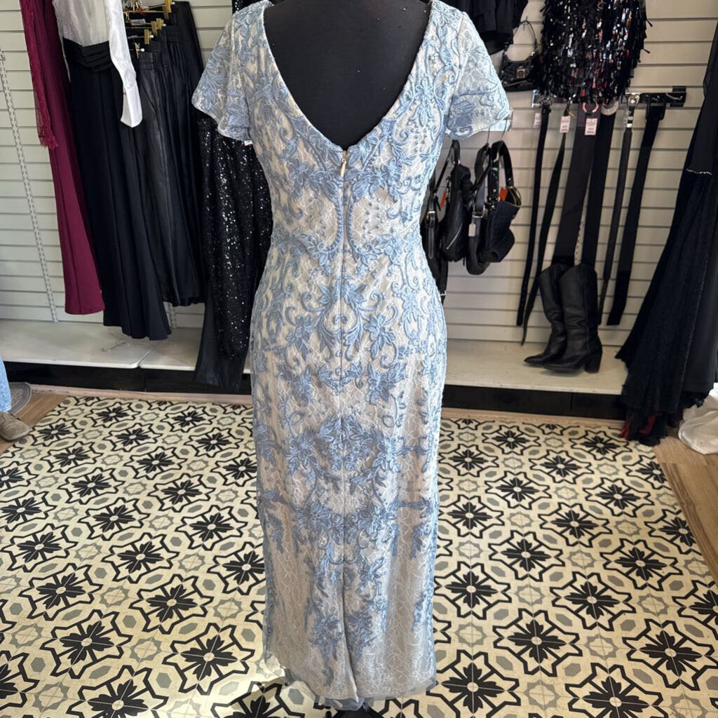 Azazie Beige/ Blue Layered Lace Short Sleeve Long Formal Dress 4