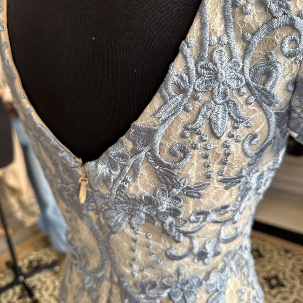 Azazie Beige/ Blue Layered Lace Short Sleeve Long Formal Dress 4