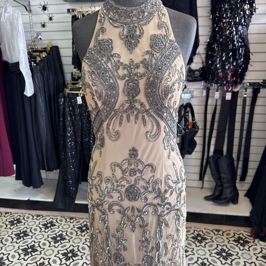 David's Bridal Beige/ Silver Beaded Sequin Print High Neck Long Formal Dress 4