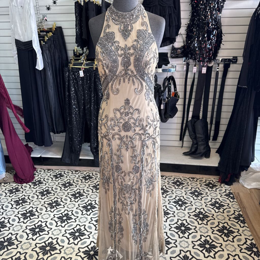 David's Bridal Beige/ Silver Beaded Sequin Print High Neck Long Formal Dress 4