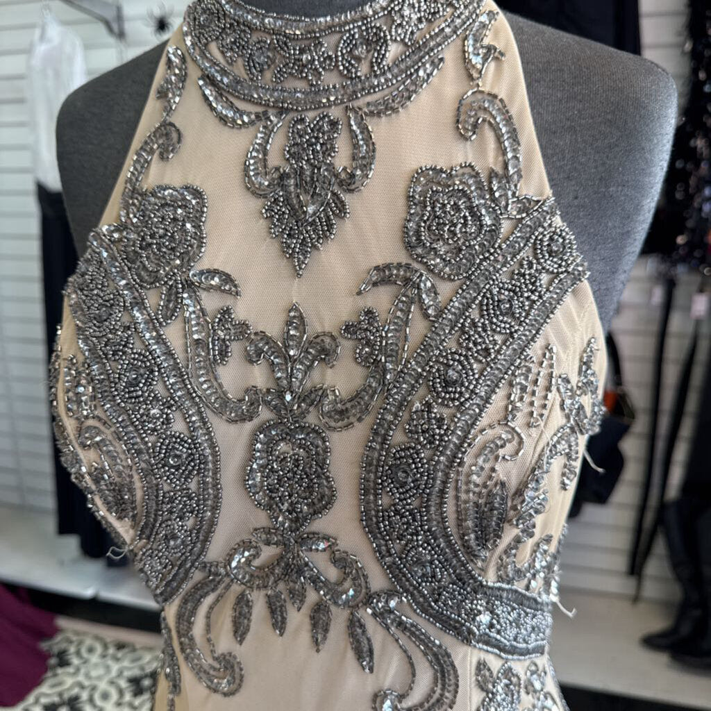 David's Bridal Beige/ Silver Beaded Sequin Print High Neck Long Formal Dress 4