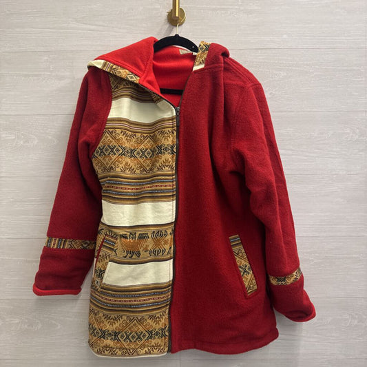 Red/ Multi Fleece Patchwork Zip Up Hooded Jacket Large