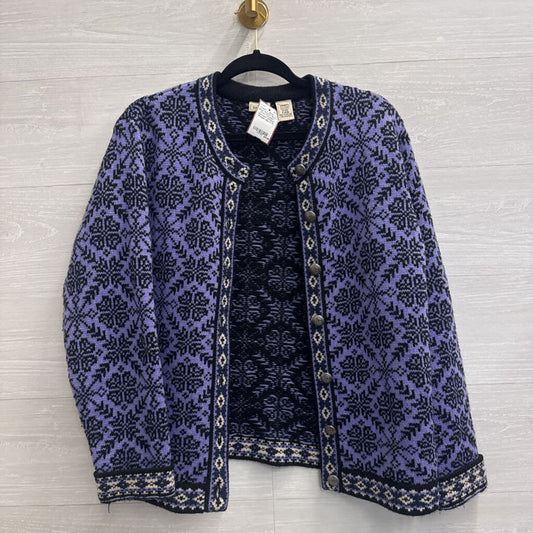 LL Bean Purple/ Black Print Cardigan Sweater Medium