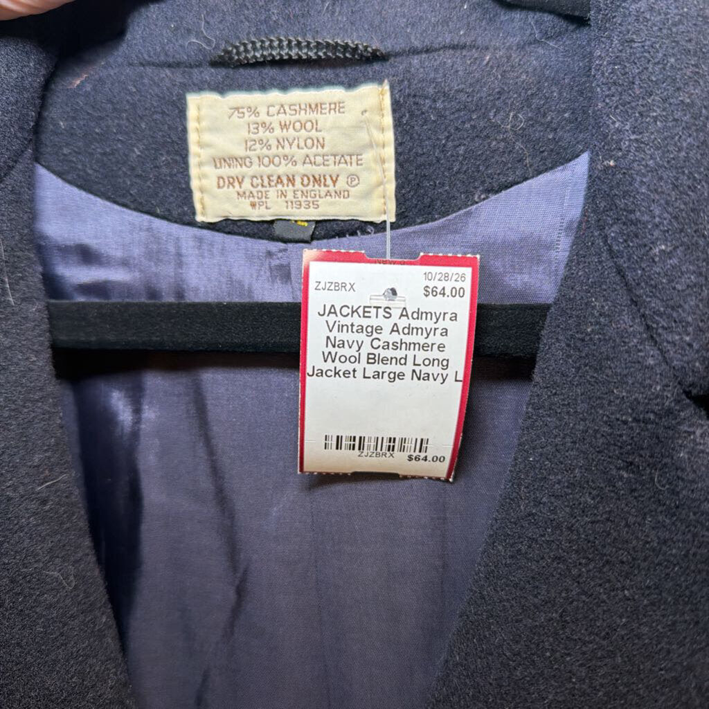 Vintage Admyra Navy Cashmere Wool Blend Long Jacket Large