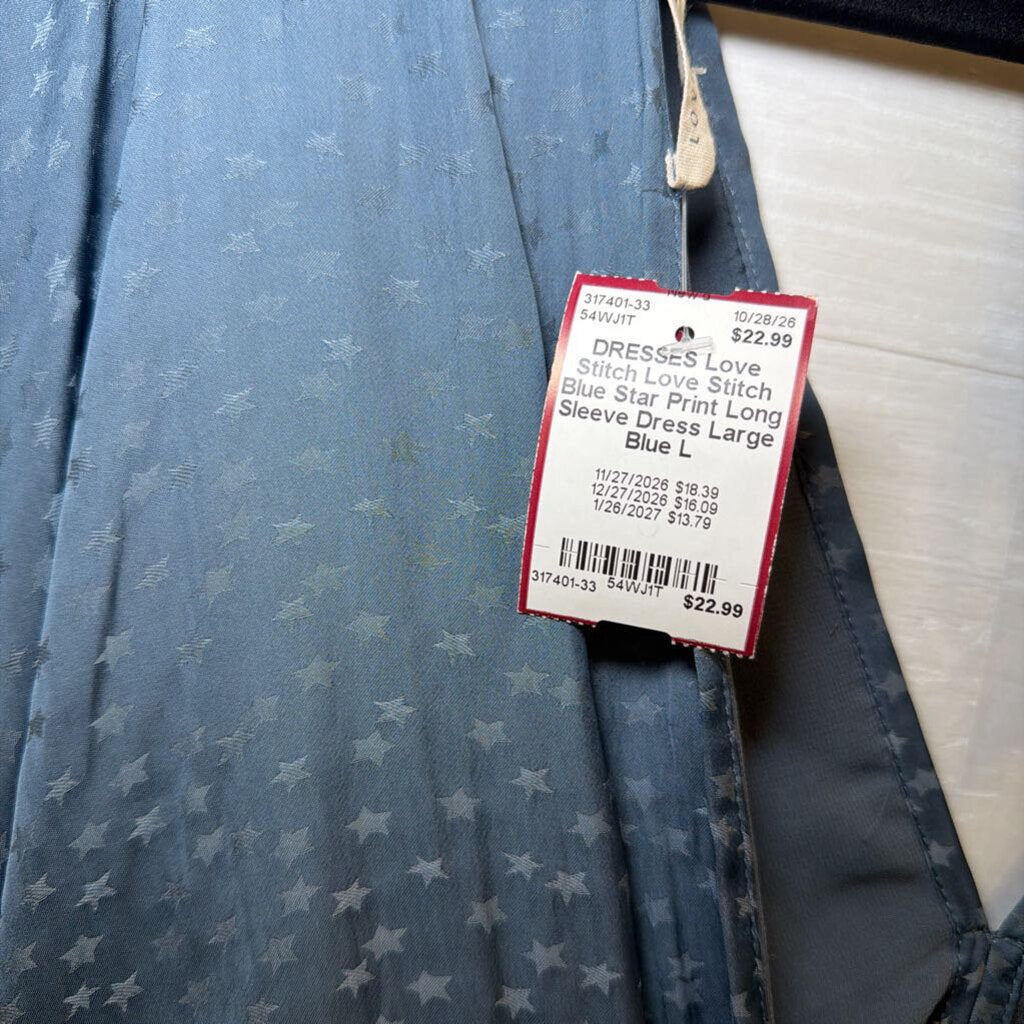 Love Stitch Blue Star Print Long Sleeve Dress Large