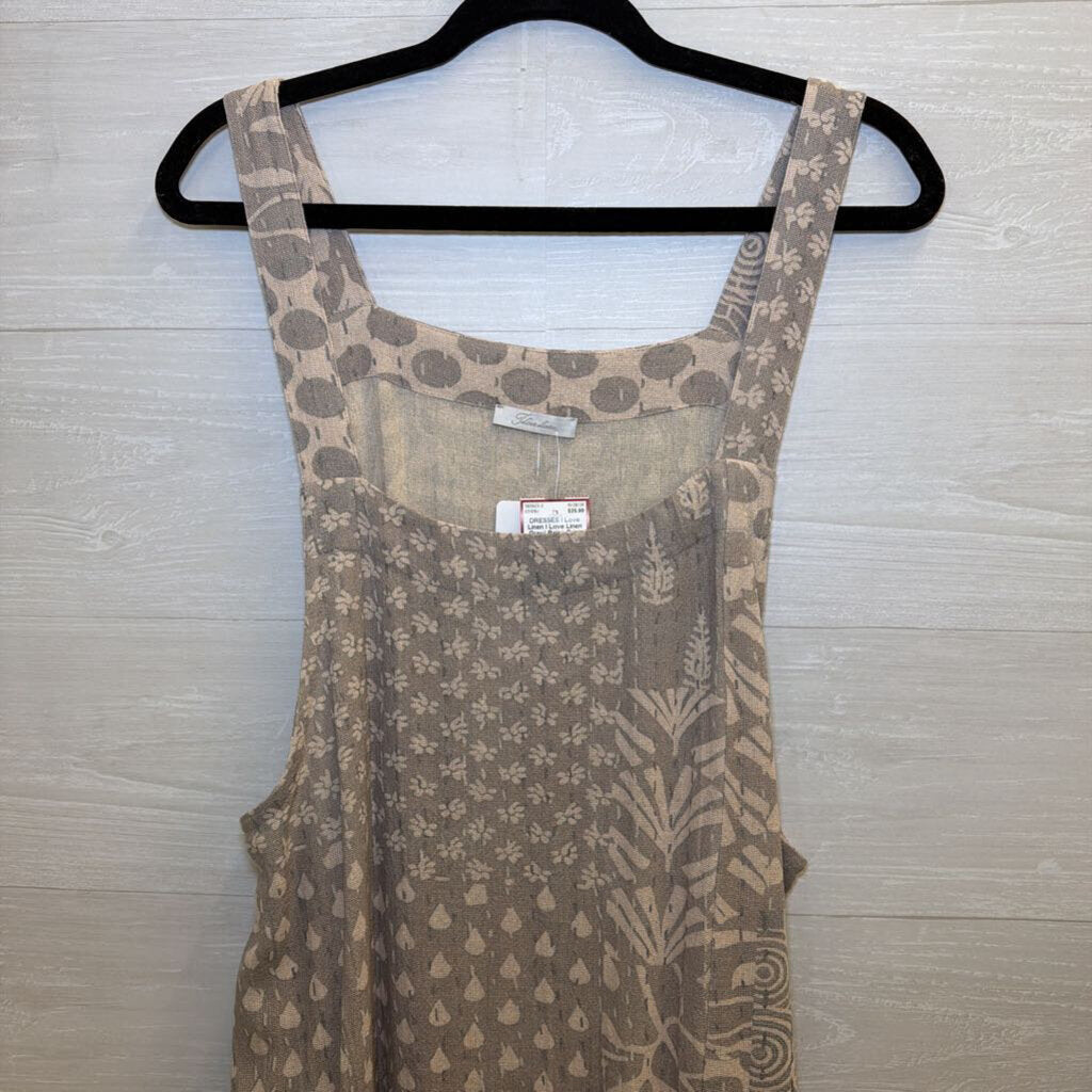 I Love Linen Grey/ Beige Print Jumper Midi Dress One Size