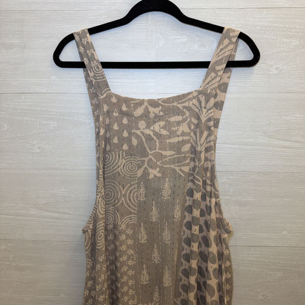 I Love Linen Grey/ Beige Print Jumper Midi Dress One Size