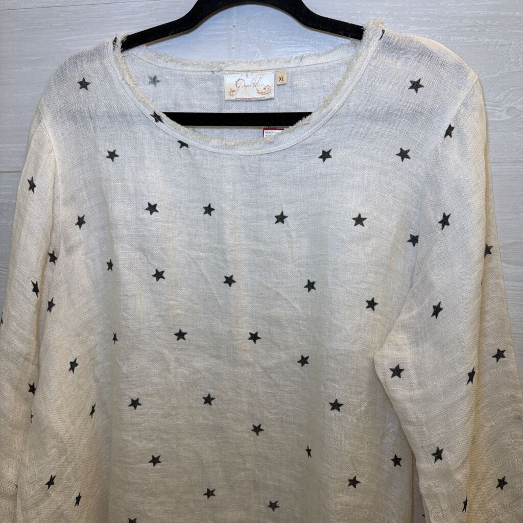 Paper Lace 100% Linen Cream/ Grey Star Print Long Sleeve Top Extra Large