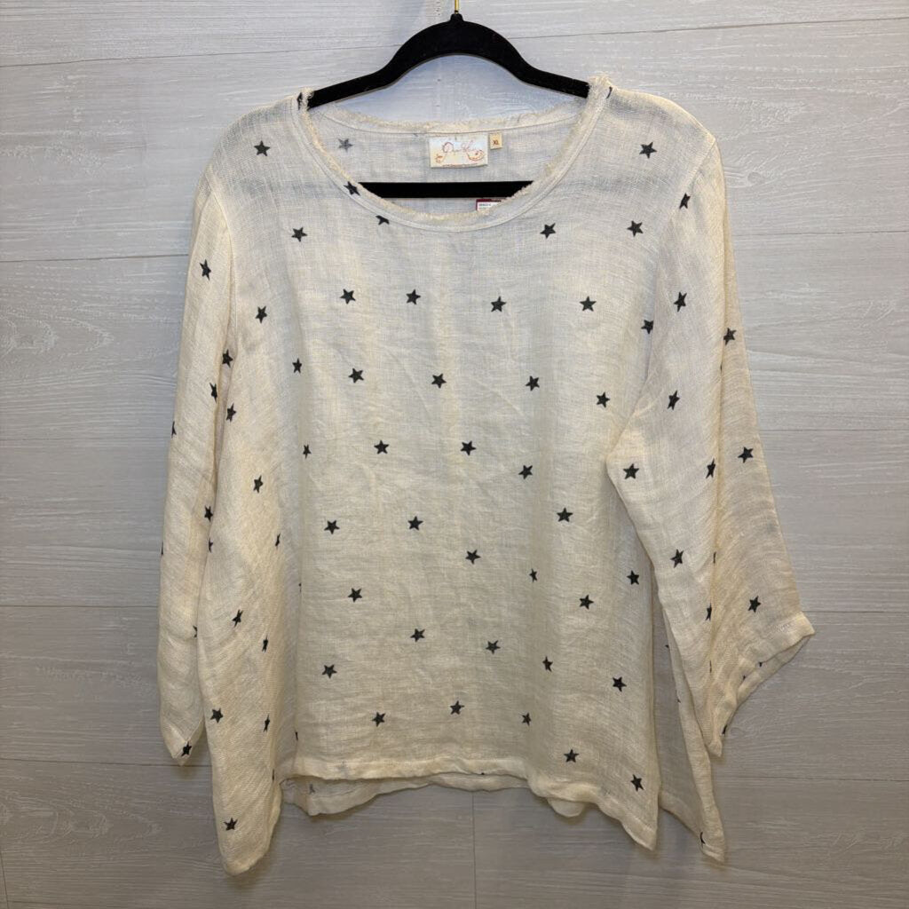 Paper Lace 100% Linen Cream/ Grey Star Print Long Sleeve Top Extra Large