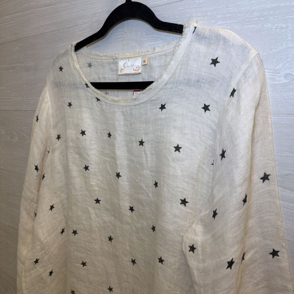 Paper Lace 100% Linen Cream/ Grey Star Print Long Sleeve Top Extra Large