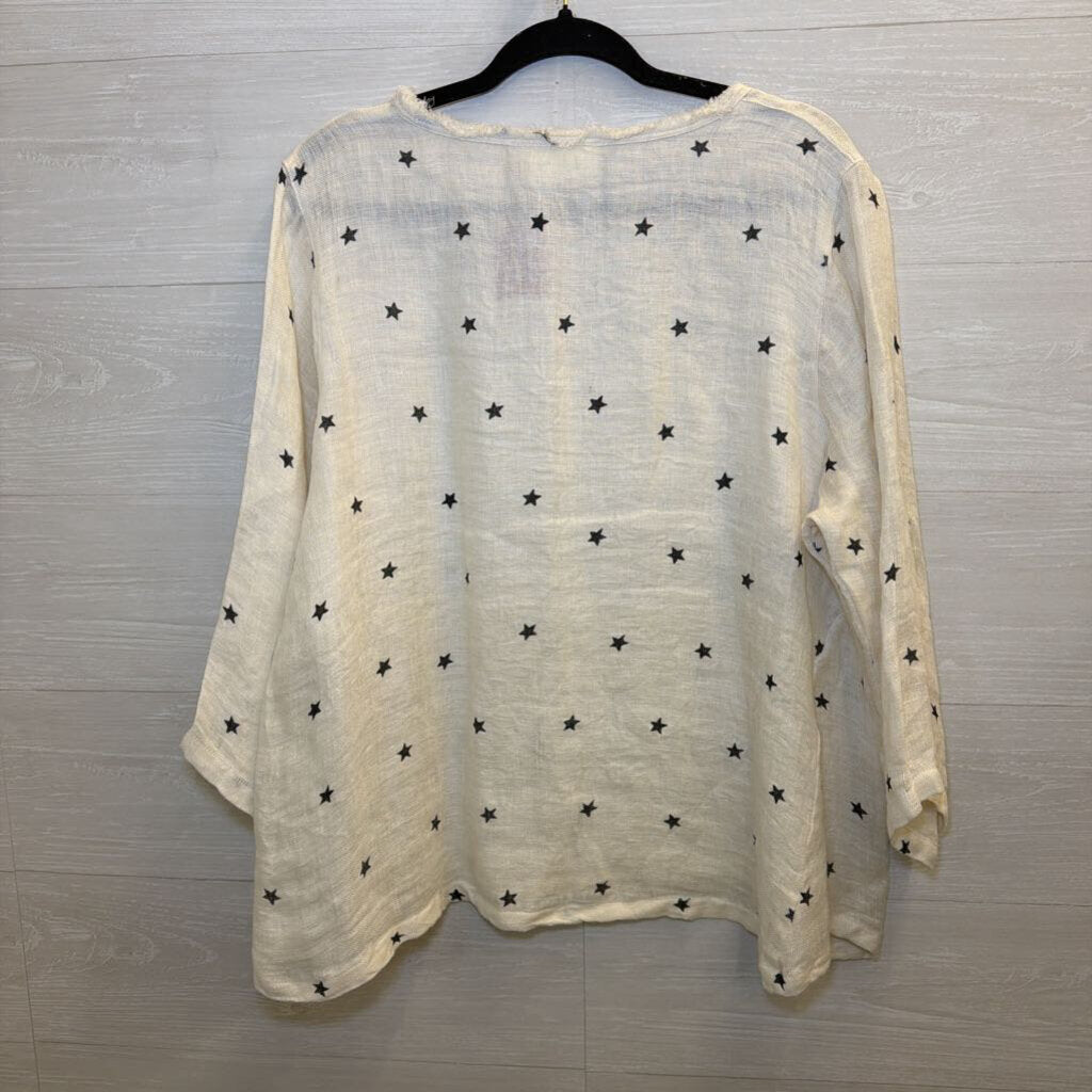 Paper Lace 100% Linen Cream/ Grey Star Print Long Sleeve Top Extra Large