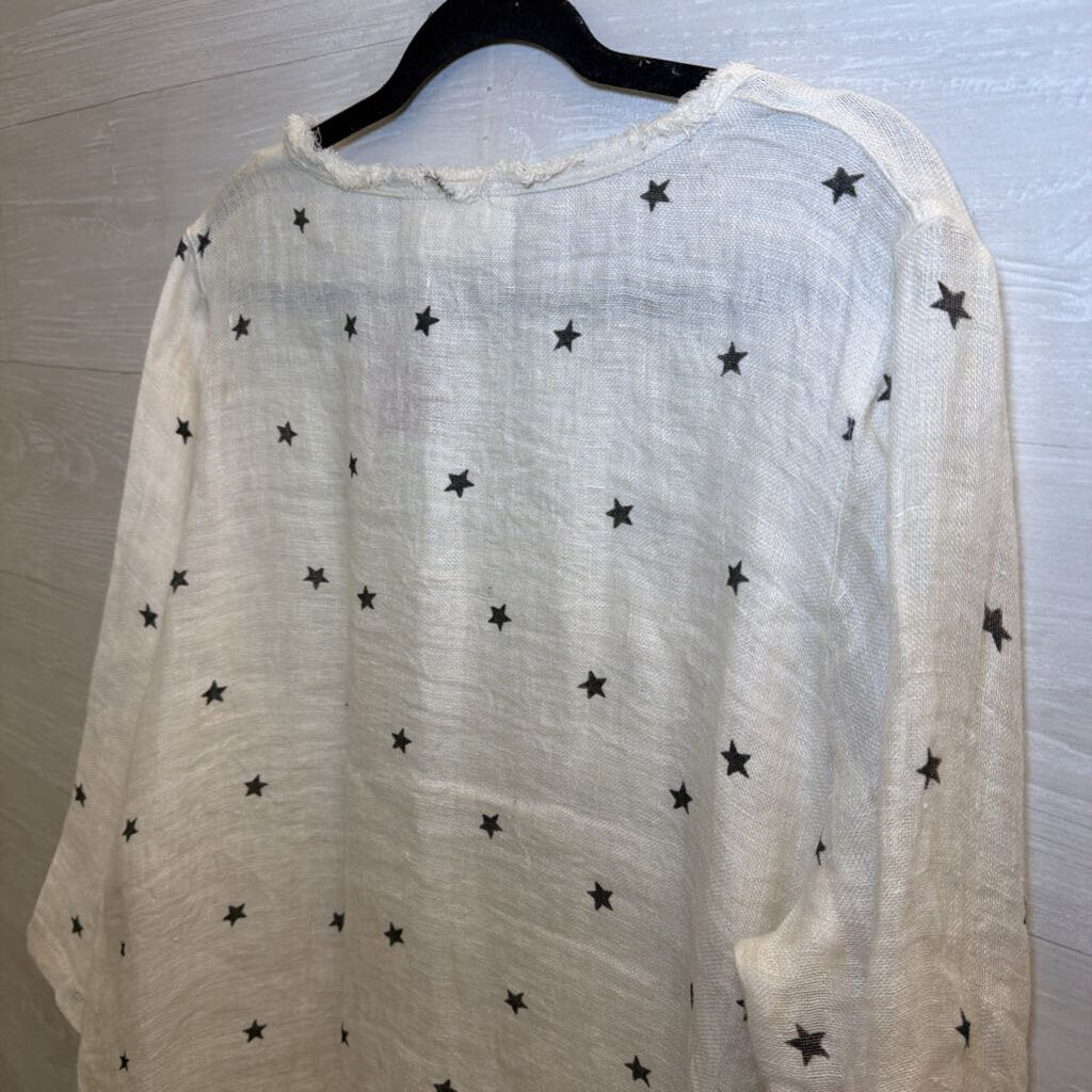 Paper Lace 100% Linen Cream/ Grey Star Print Long Sleeve Top Extra Large