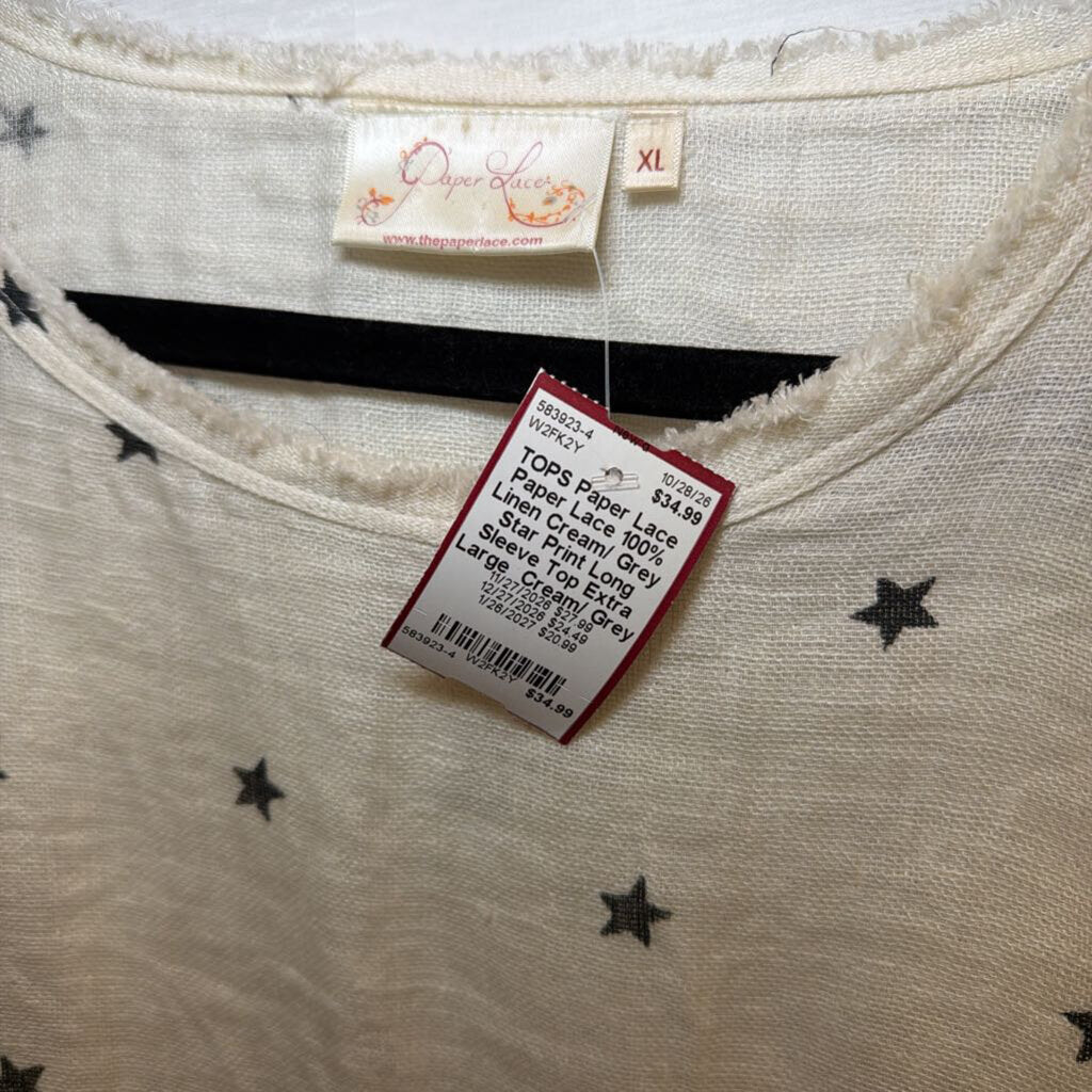 Paper Lace 100% Linen Cream/ Grey Star Print Long Sleeve Top Extra Large
