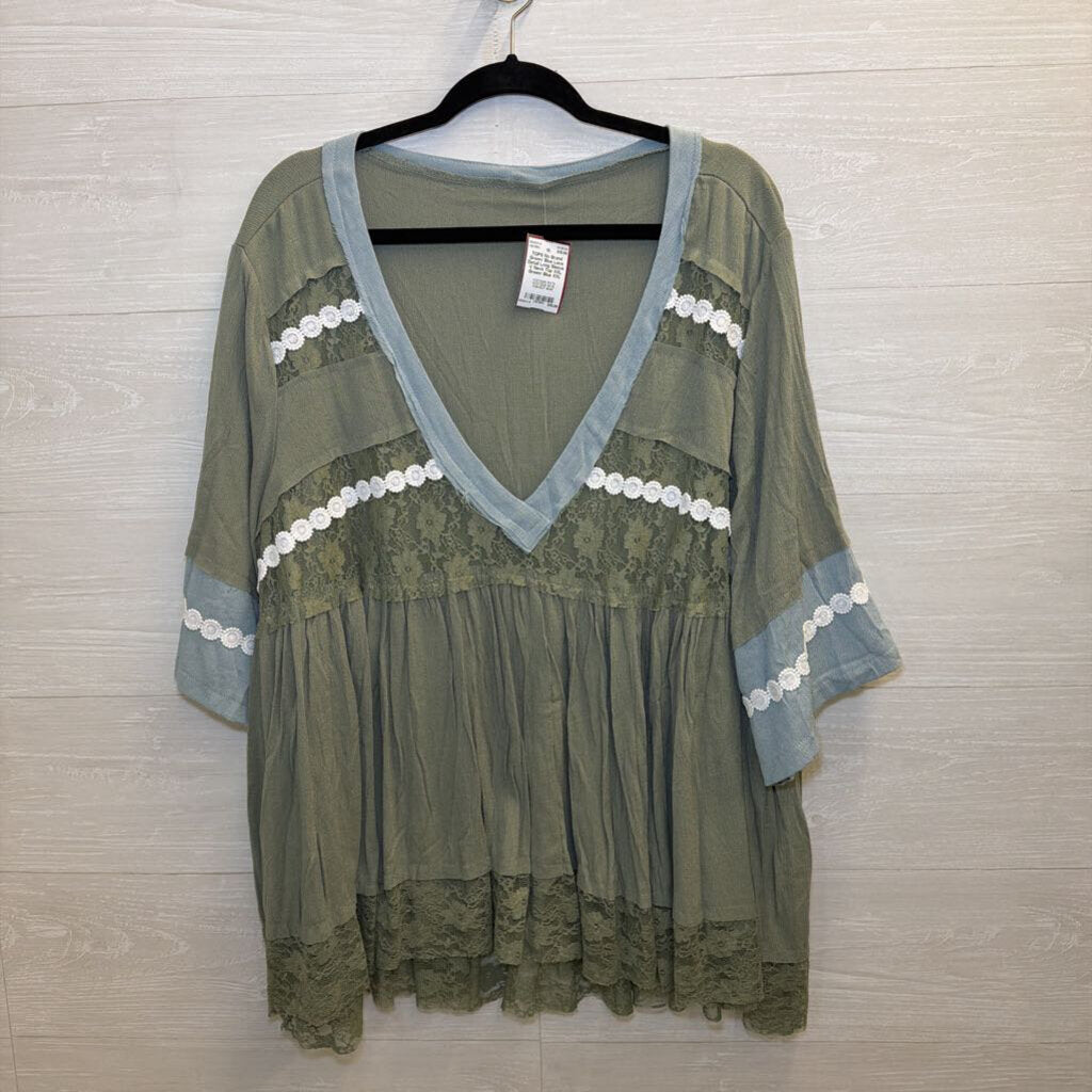 Green/ Blue Lace Detail Long Sleeve V Neck Top XXL