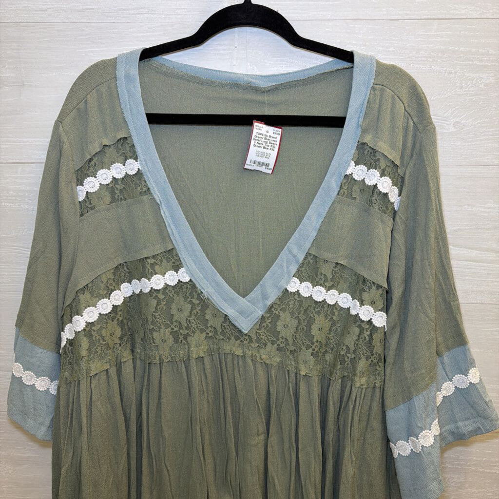 Green/ Blue Lace Detail Long Sleeve V Neck Top XXL