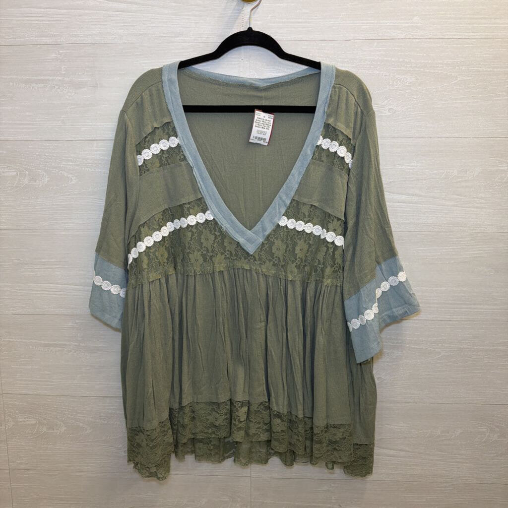 Green/ Blue Lace Detail Long Sleeve V Neck Top XXL