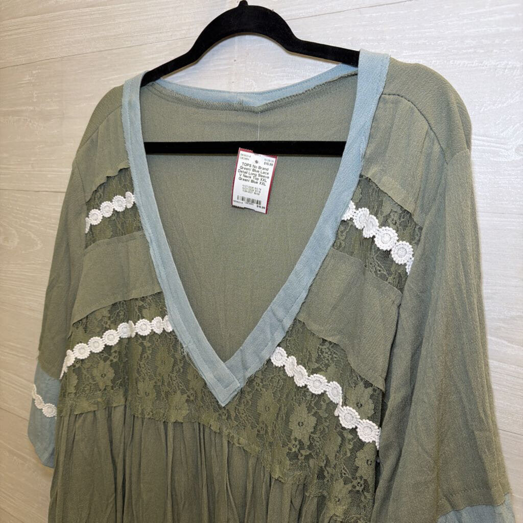 Green/ Blue Lace Detail Long Sleeve V Neck Top XXL