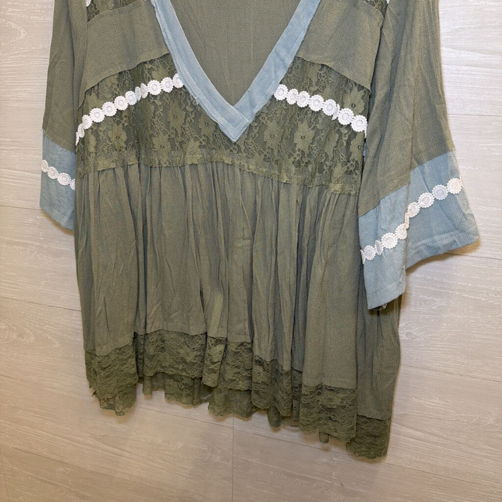 Green/ Blue Lace Detail Long Sleeve V Neck Top XXL
