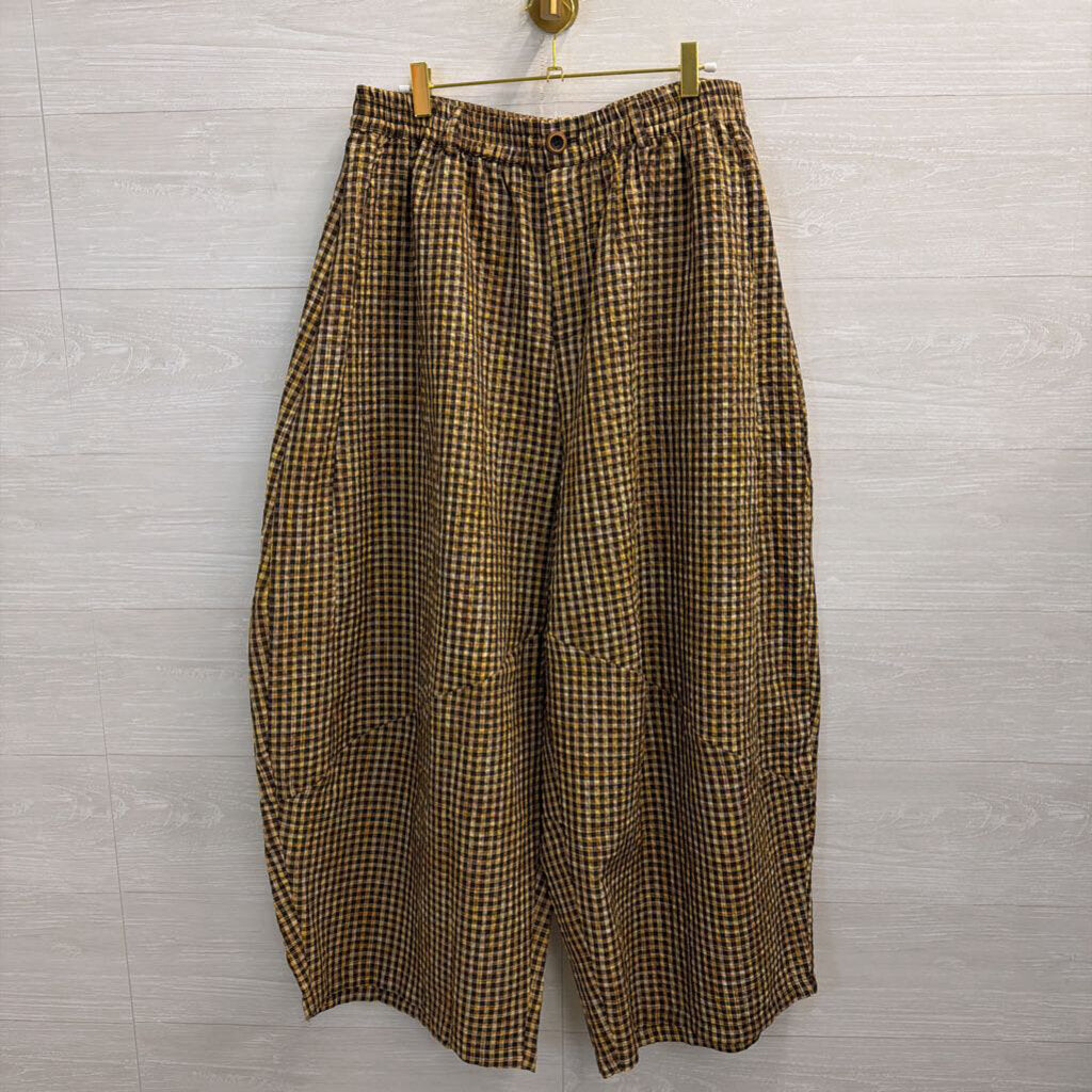 BUYKUD Brown/ Yellow Gingham Pull On Pants Extra Large