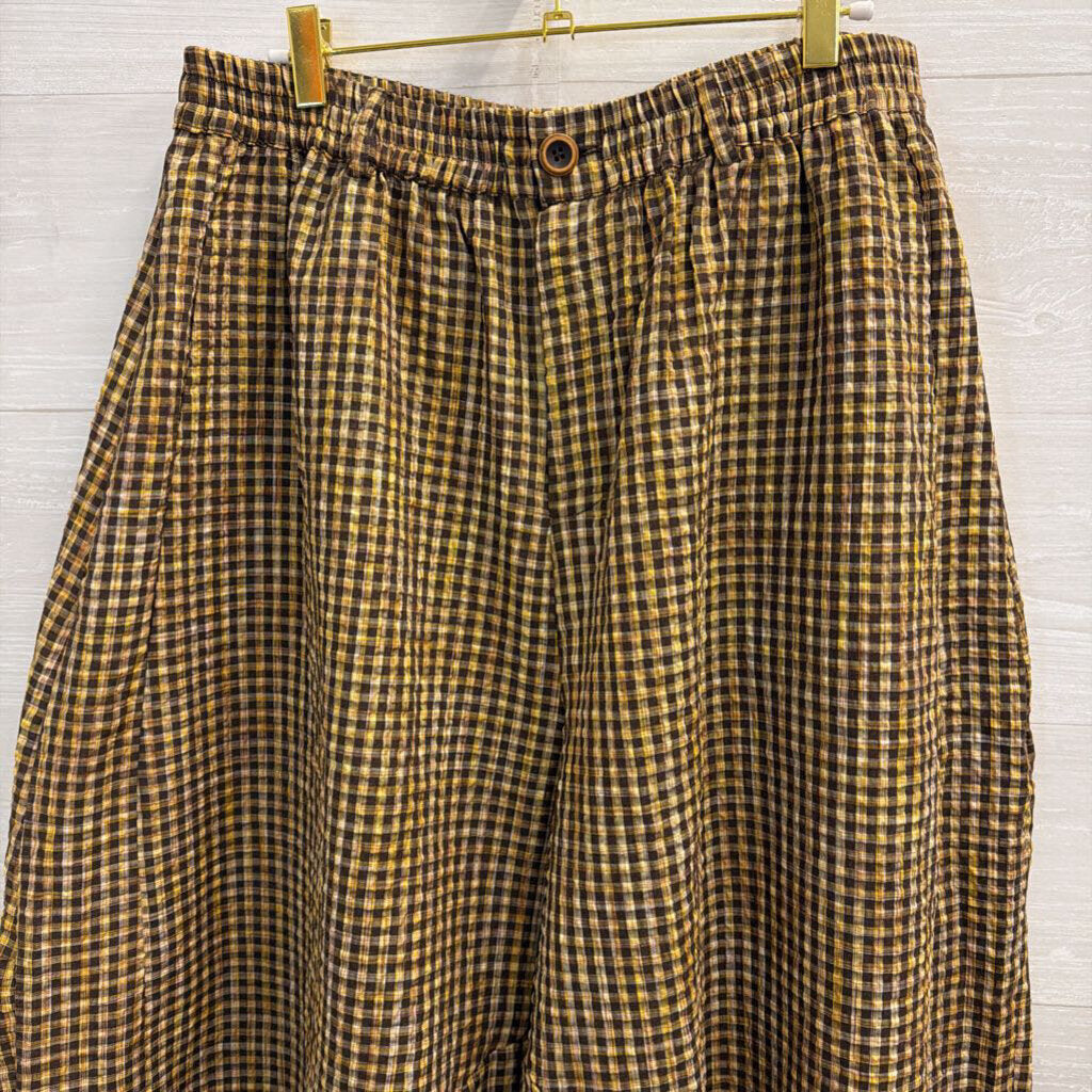BUYKUD Brown/ Yellow Gingham Pull On Pants Extra Large