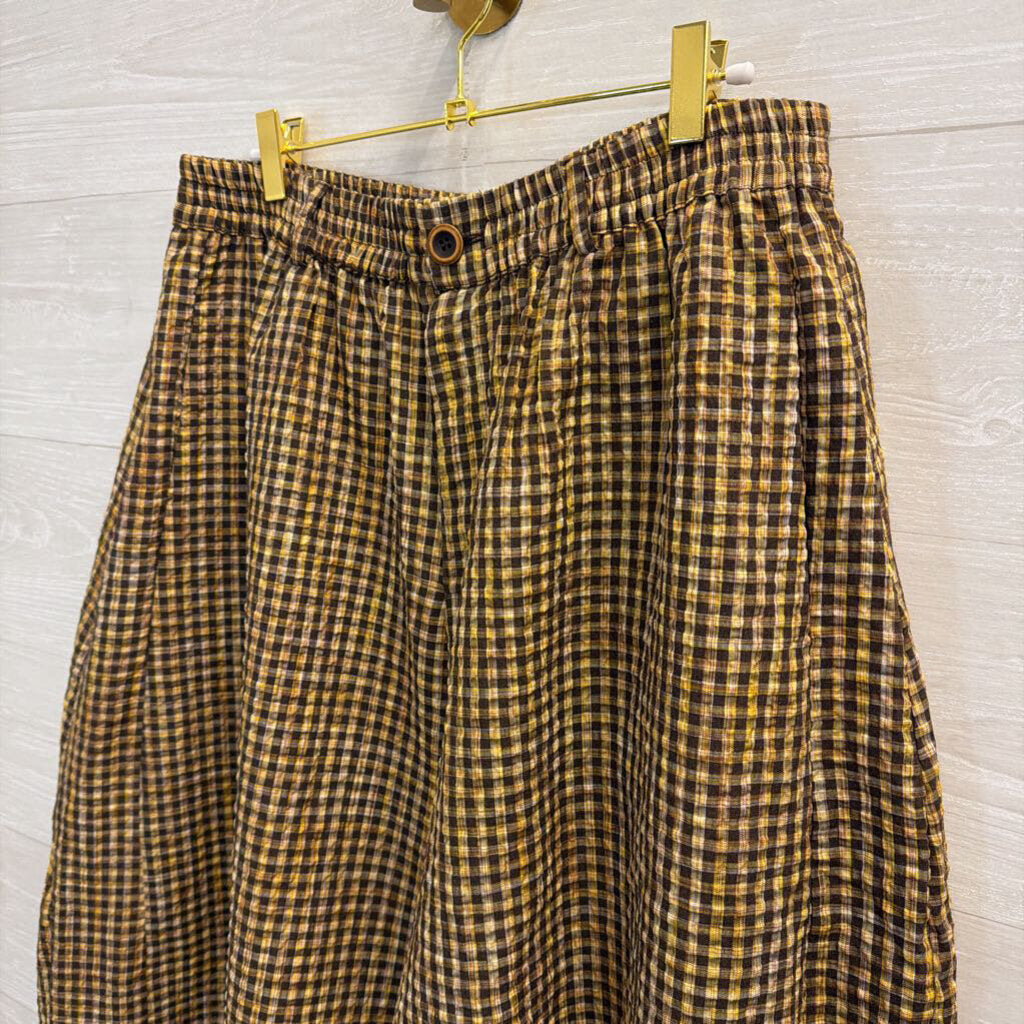 BUYKUD Brown/ Yellow Gingham Pull On Pants Extra Large