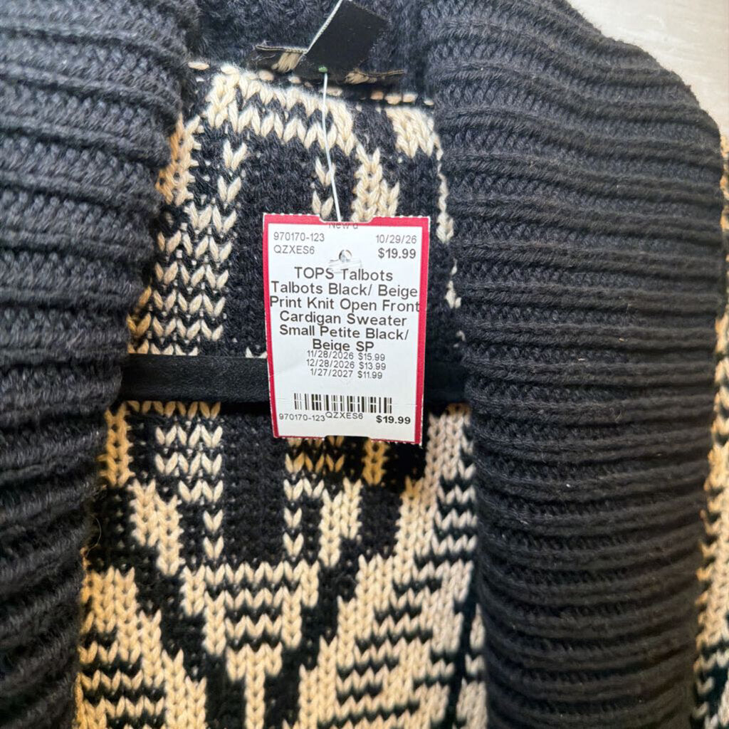 Talbots Black/ Beige Print Knit Open Front Cardigan Sweater Small Petite