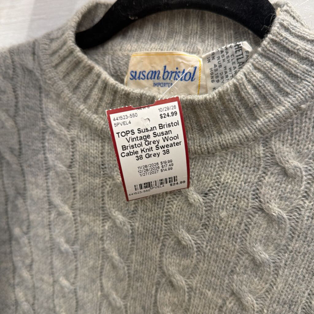 Vintage Susan Bristol Grey Wool Cable Knit Sweater 38