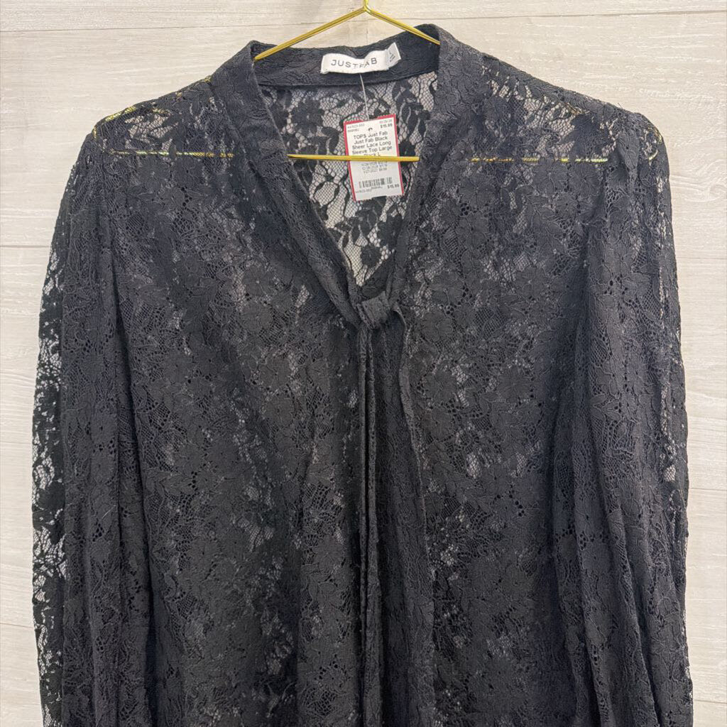Just Fab Black Sheer Lace Long Sleeve Top Large