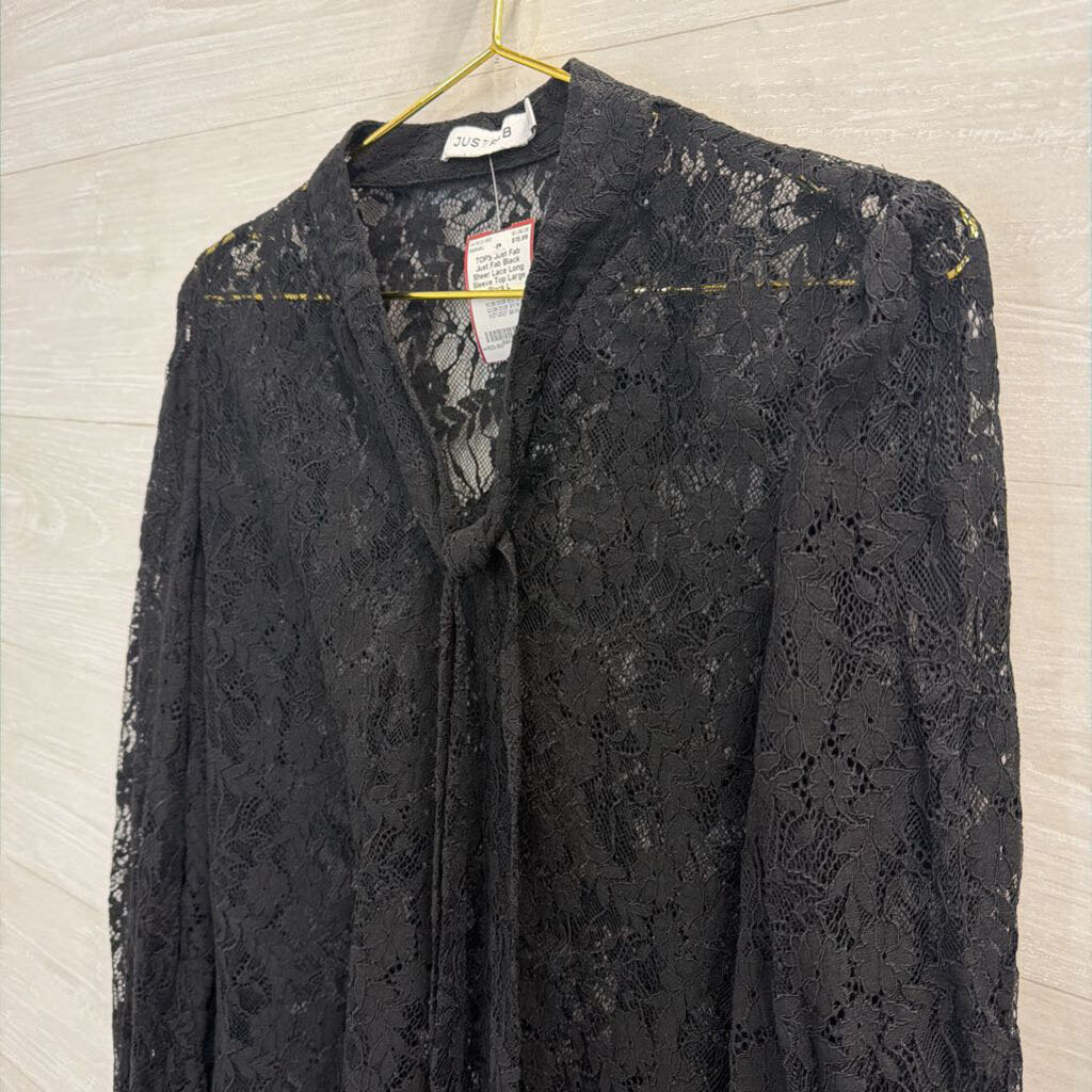 Just Fab Black Sheer Lace Long Sleeve Top Large
