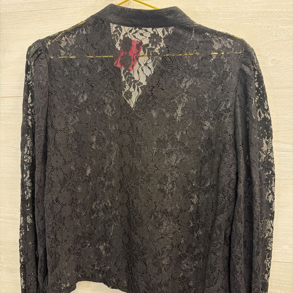 Just Fab Black Sheer Lace Long Sleeve Top Large