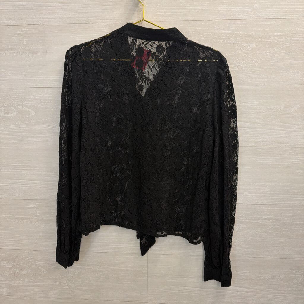 Just Fab Black Sheer Lace Long Sleeve Top Large