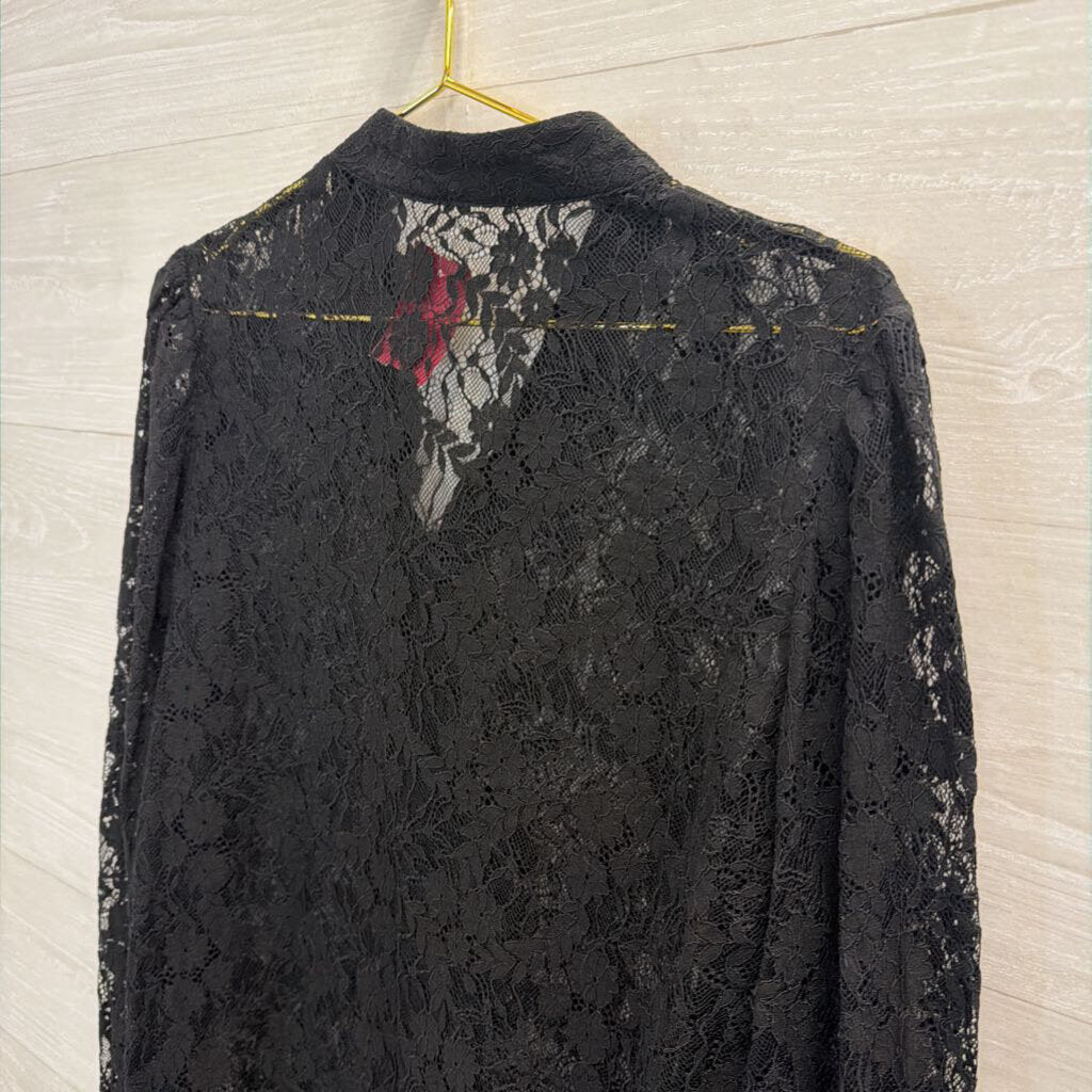 Just Fab Black Sheer Lace Long Sleeve Top Large