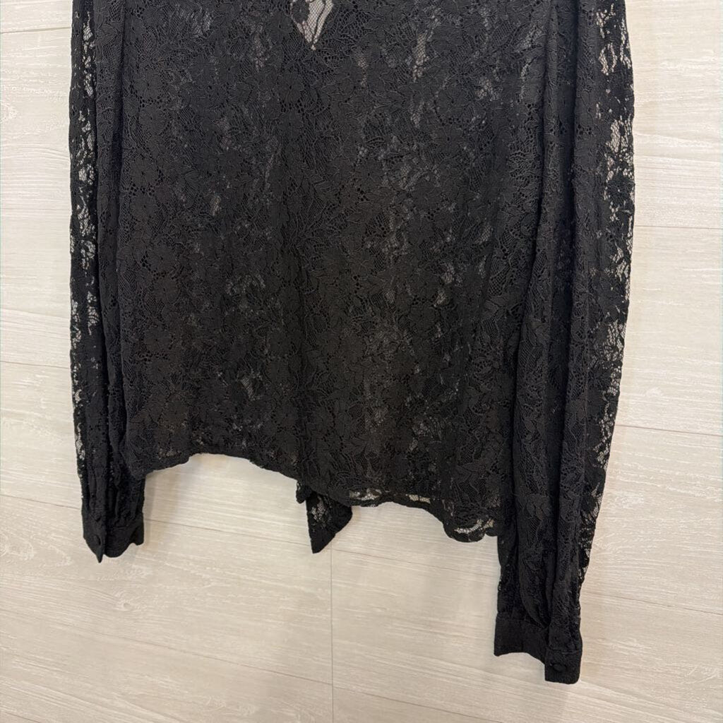 Just Fab Black Sheer Lace Long Sleeve Top Large