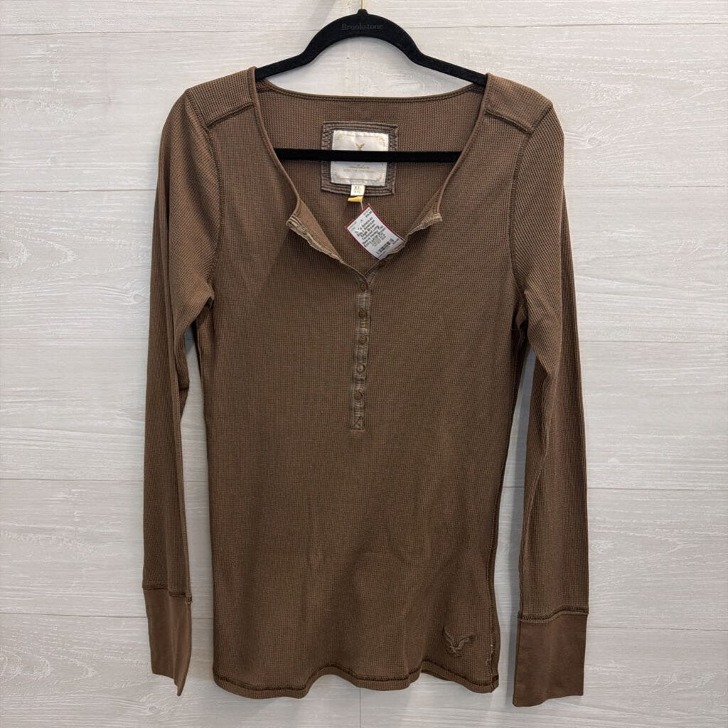American Eagle Brown Textured Long Sleeve Henley Top Extra Large